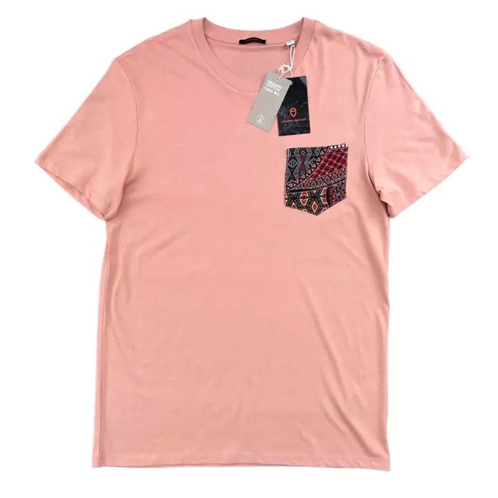 organic cotton peach t-shirt with stitched pocket having mosaic pattern