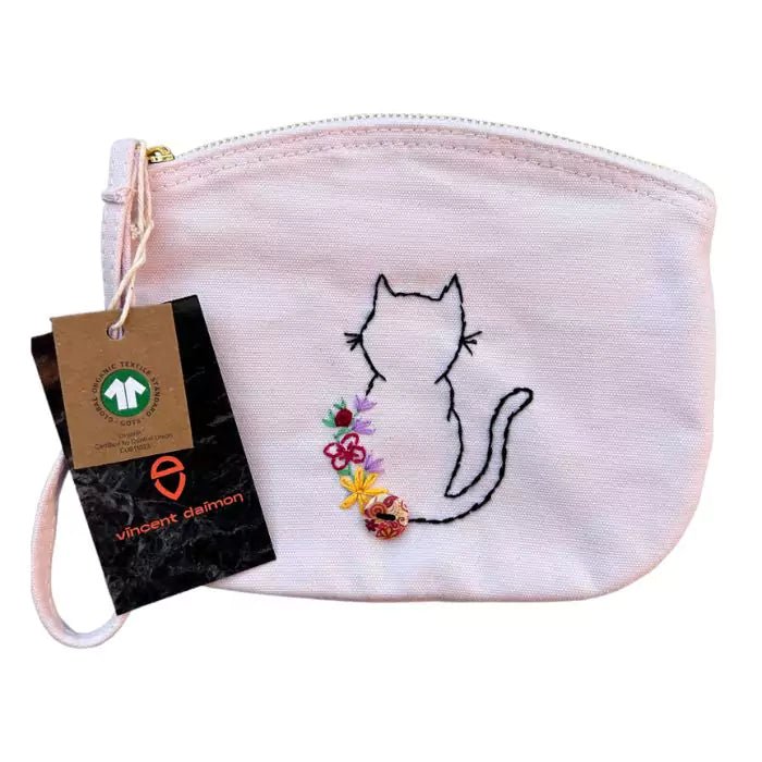 pink organic cotton pochette with a cat with flowers embroidered