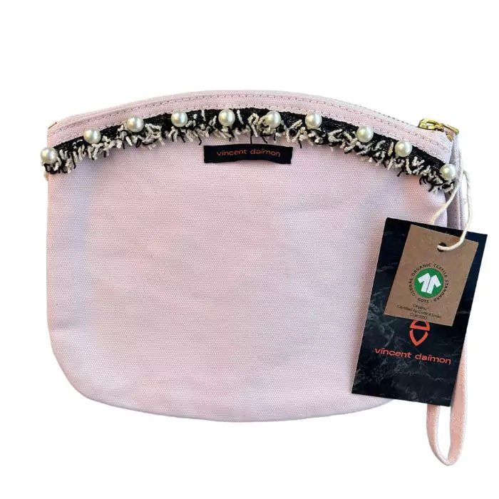 pastel pink organic cotton clutch bag with stitched trimmings and embroidered word