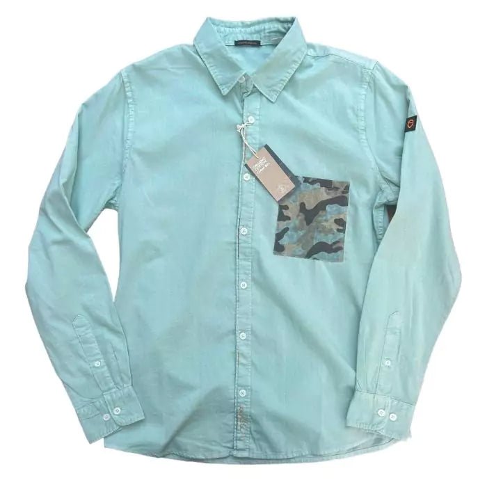 sage-colored organic cotton shirt with sewn military pocket and "explore" embroidered writing in the buttonhole