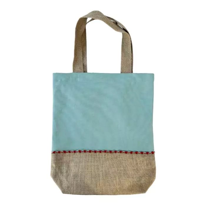 sage cotton and jute hand embroidered shopper bag with decorative trimmings