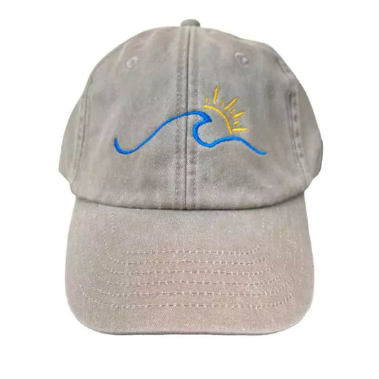Stone white vintage baseball cap with embroidered a wave and a sun