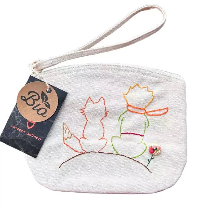 white organic cottone pochette with a little prince embroidered