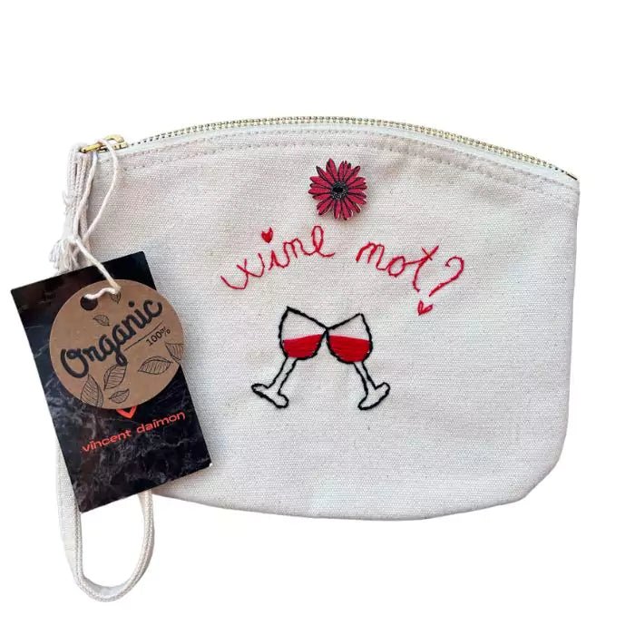 white organic cotton pochette with wine not embroidered